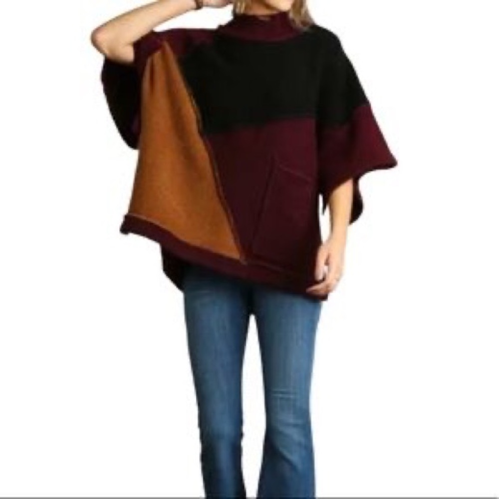 Zara Knit Colorblock Poncho Sweater Black Burgundy Tan Size Medium
